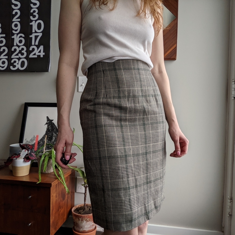 Gray green and white plaid pencil skirt